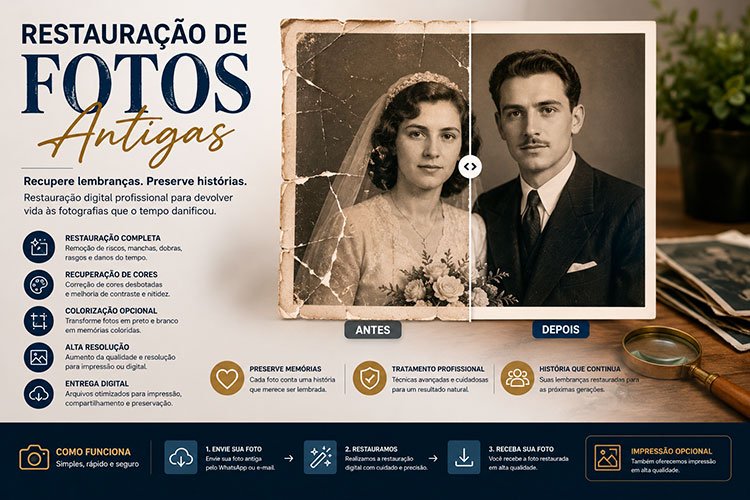 Restauração de Fotos Antigas com recuperação digital, remoção de danos, colorização e preservação de memórias.