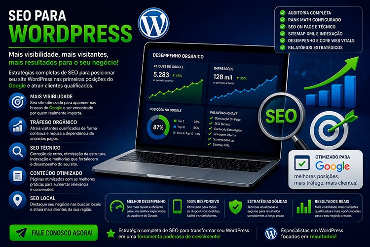 SEO para WordPress com otimização técnica para melhorar o posicionamento no Google e aumentar o tráfego orgânico.