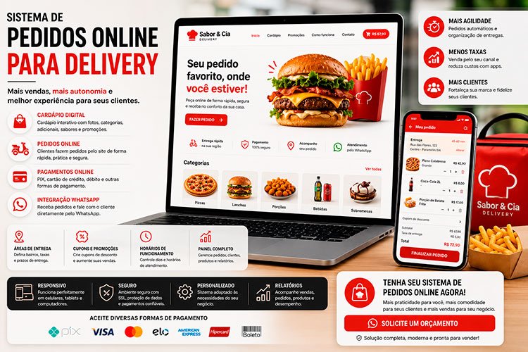 Sistema de Pedidos Online para Delivery com cardápio digital, pagamentos online e gestão de pedidos.