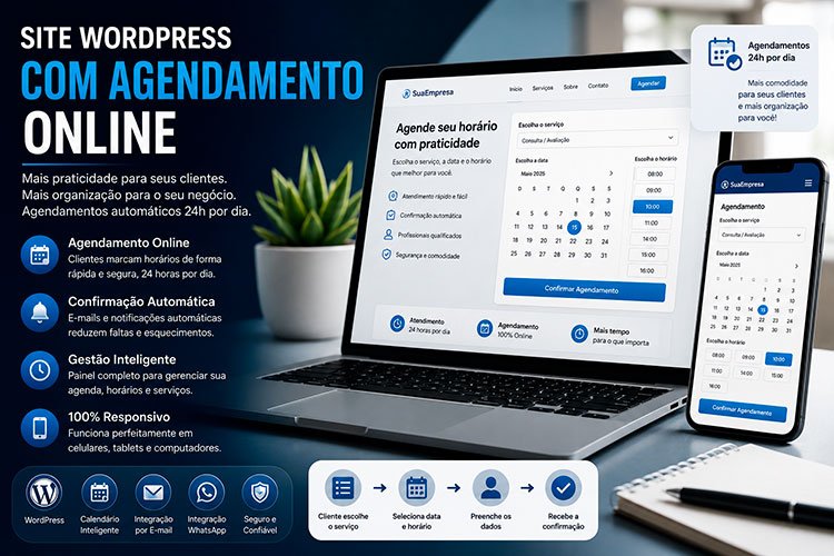 Site WordPress com Agendamento Online para automatizar reservas, consultas e marcação de horários com praticidade.