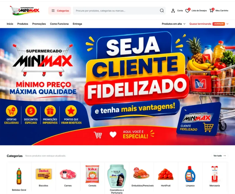 Página inicial do site Supermercado Minimax com ofertas, produtos, setores e informações do supermercado em Paramirim BA.