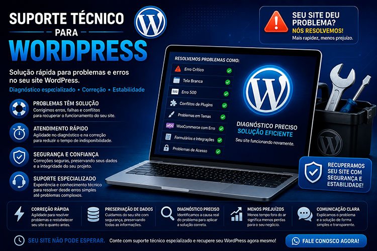 Suporte Técnico para WordPress para corrigir erros, recuperar funcionalidades e restaurar o funcionamento do site.