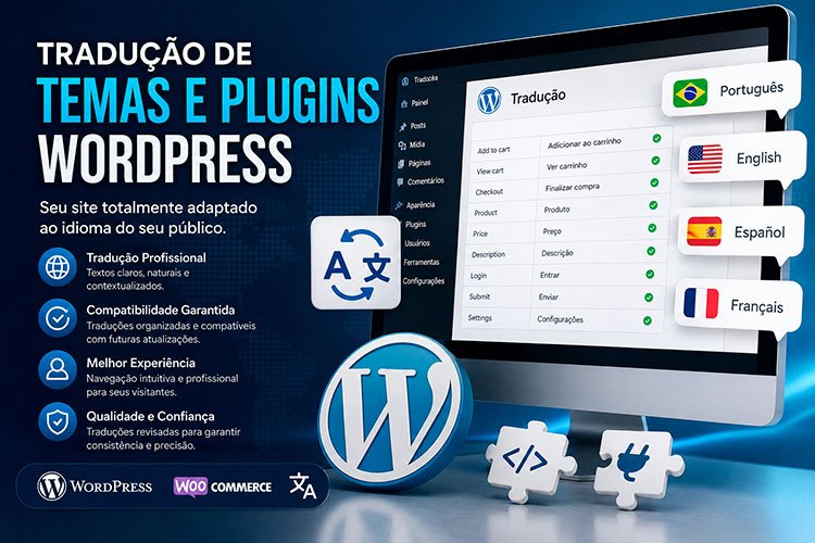 Tradução de Temas e Plugins WordPress realizada por especialista para adaptar temas, plugins e WooCommerce ao idioma do seu público.