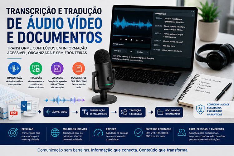 Transcrição e Tradução de Áudio Vídeo e Documentos com conversão de fala em texto, tradução multilíngue e geração de legendas.
