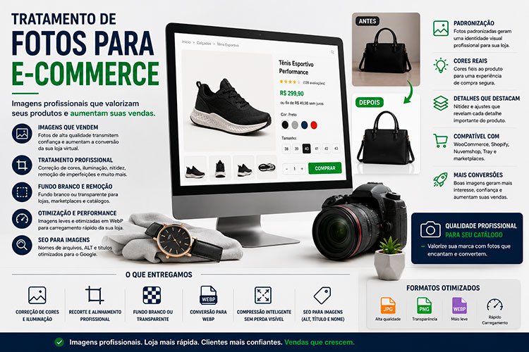 Tratamento de Fotos para E-commerce com fundo branco, correção de cores e otimização para lojas virtuais.