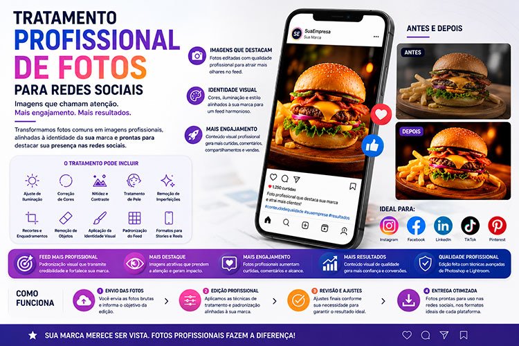 Tratamento Profissional de Fotos para Redes Sociais com edição de imagens, identidade visual e otimização para Instagram e Facebook.